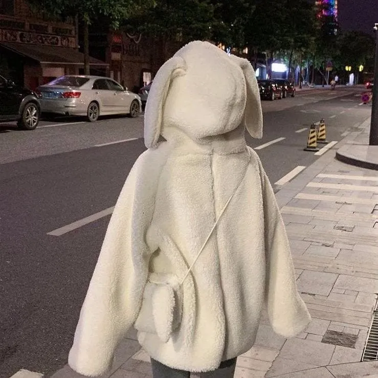 Fluffy Sweater With Bunny Ears And Bag