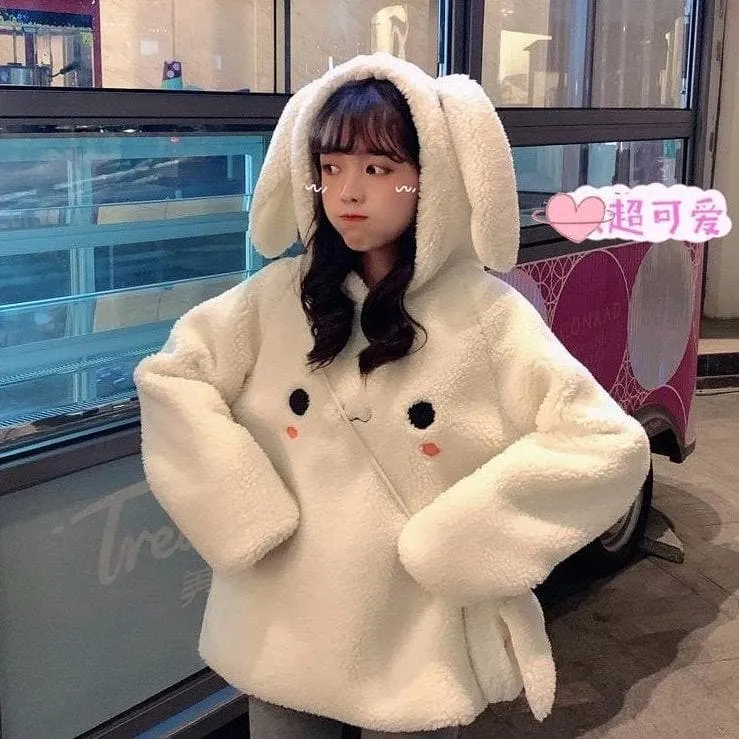Fluffy Sweater With Bunny Ears And Bag