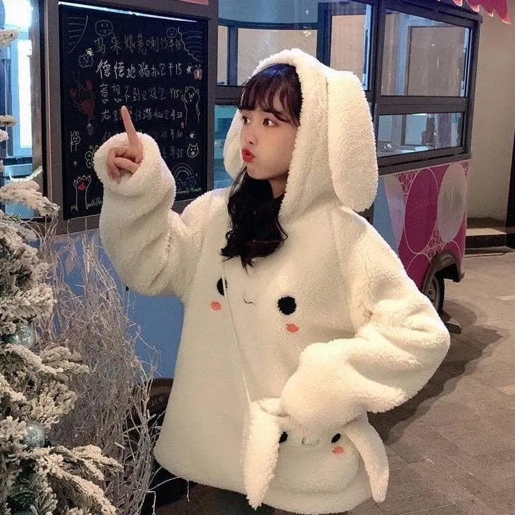 Fluffy Sweater With Bunny Ears And Bag