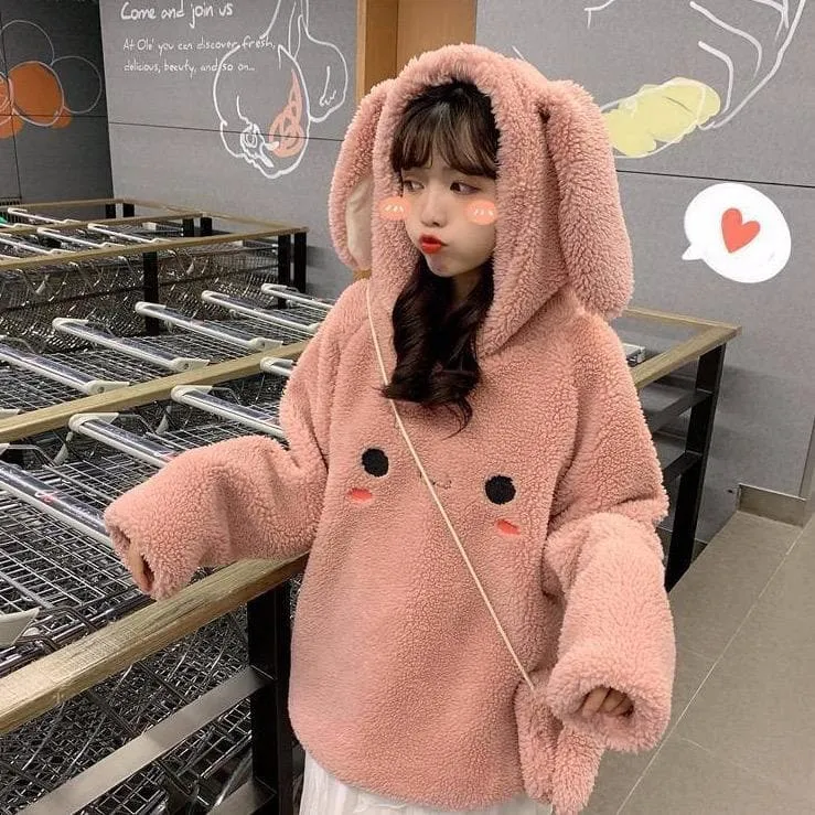 Fluffy Sweater With Bunny Ears And Bag