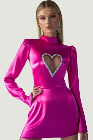 Fuchsia Heart-Shaped Cutout High Neck Mini Dress with Long Sleeves