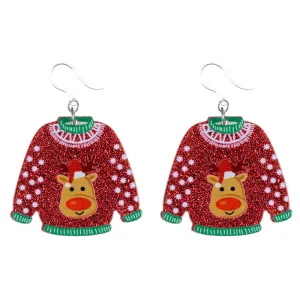 Glittery Christmas Sweater Dangles Hypoallergenic Earrings for Sensitive Ears Made with Plastic Posts