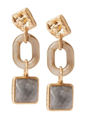 Hammered Warm 18K Gold Olive Resin & Sage Bead Drop Earrings