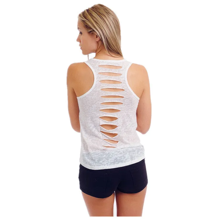 Hollow Out Sleeveless U-neck Pure Color Vest