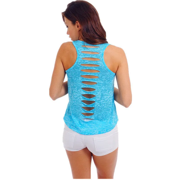 Hollow Out Sleeveless U-neck Pure Color Vest