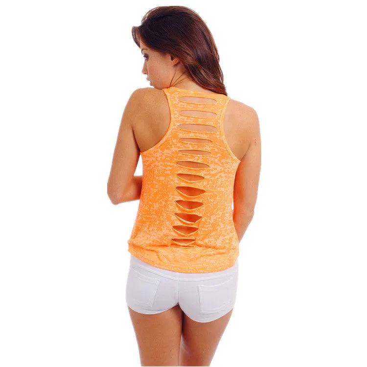 Hollow Out Sleeveless U-neck Pure Color Vest