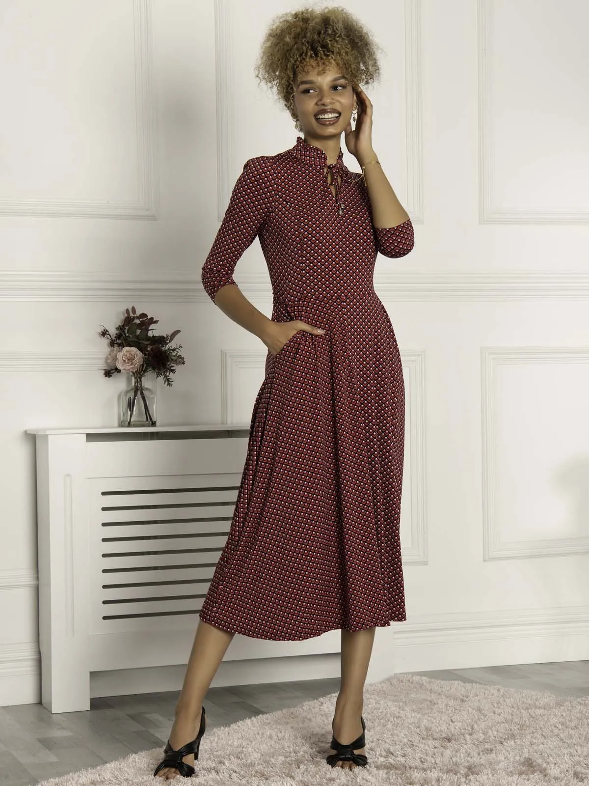 Jolie Moi Jennifer Tie Neck Midi Dress, Red Geo