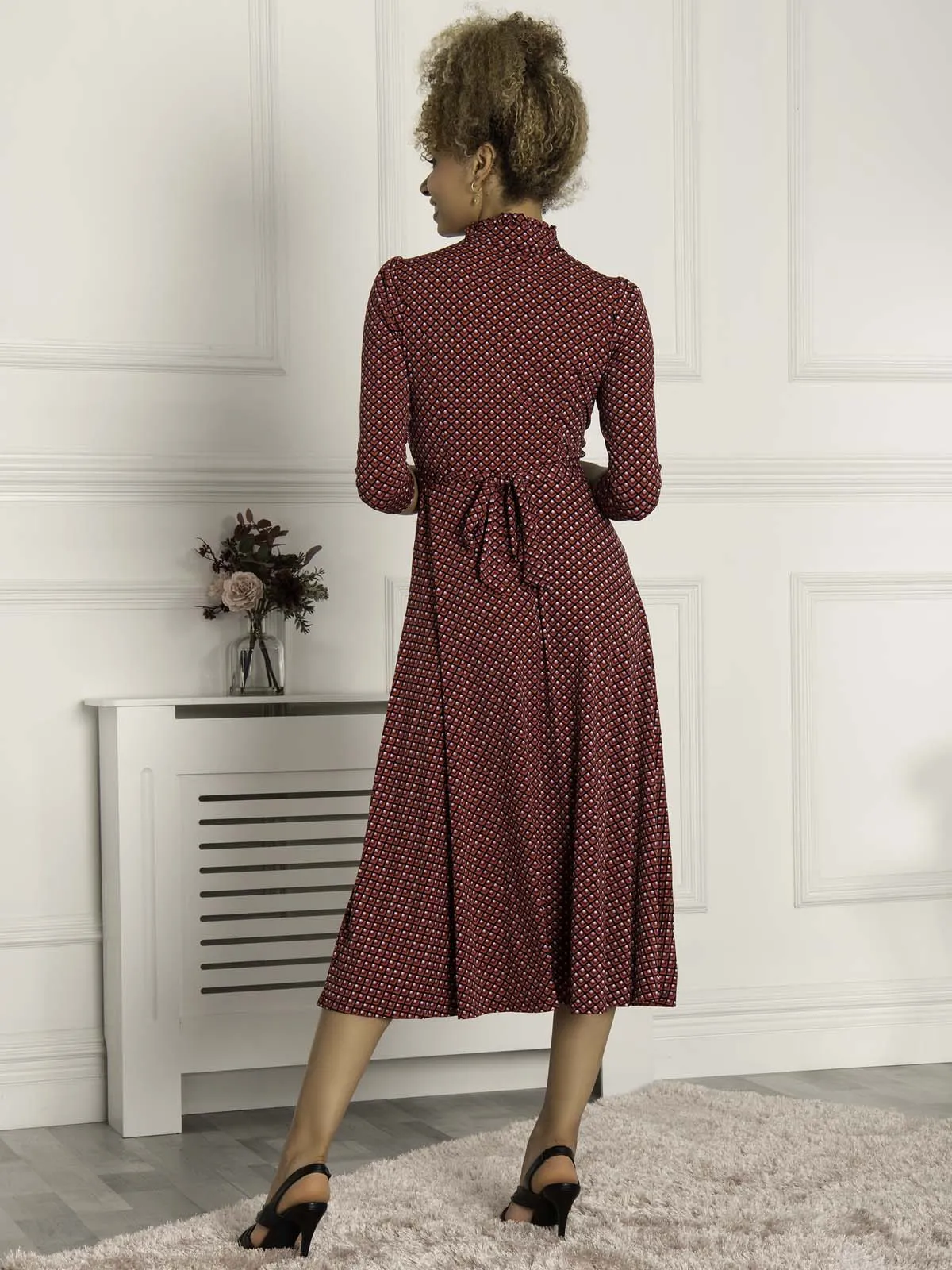 Jolie Moi Jennifer Tie Neck Midi Dress, Red Geo