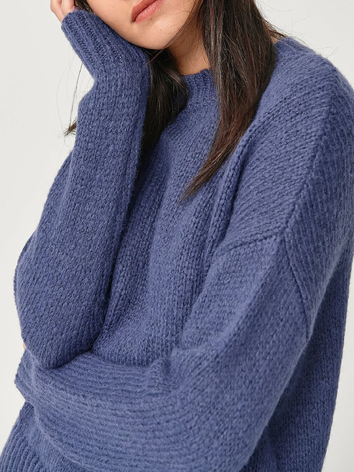 Ladies Blue Petronella Wool Blend Ribbed Knit Jumper