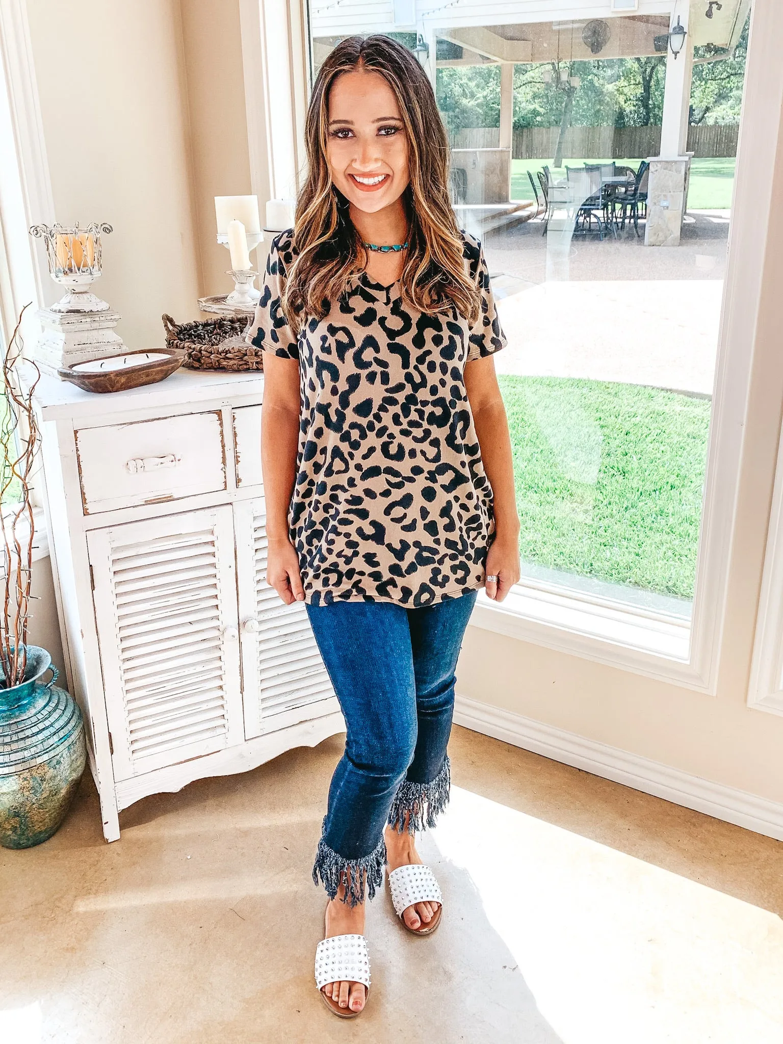 Last Chance Size Small | Keep Things Simple Leopard V Neck Tee Shirt in Mocha Brown