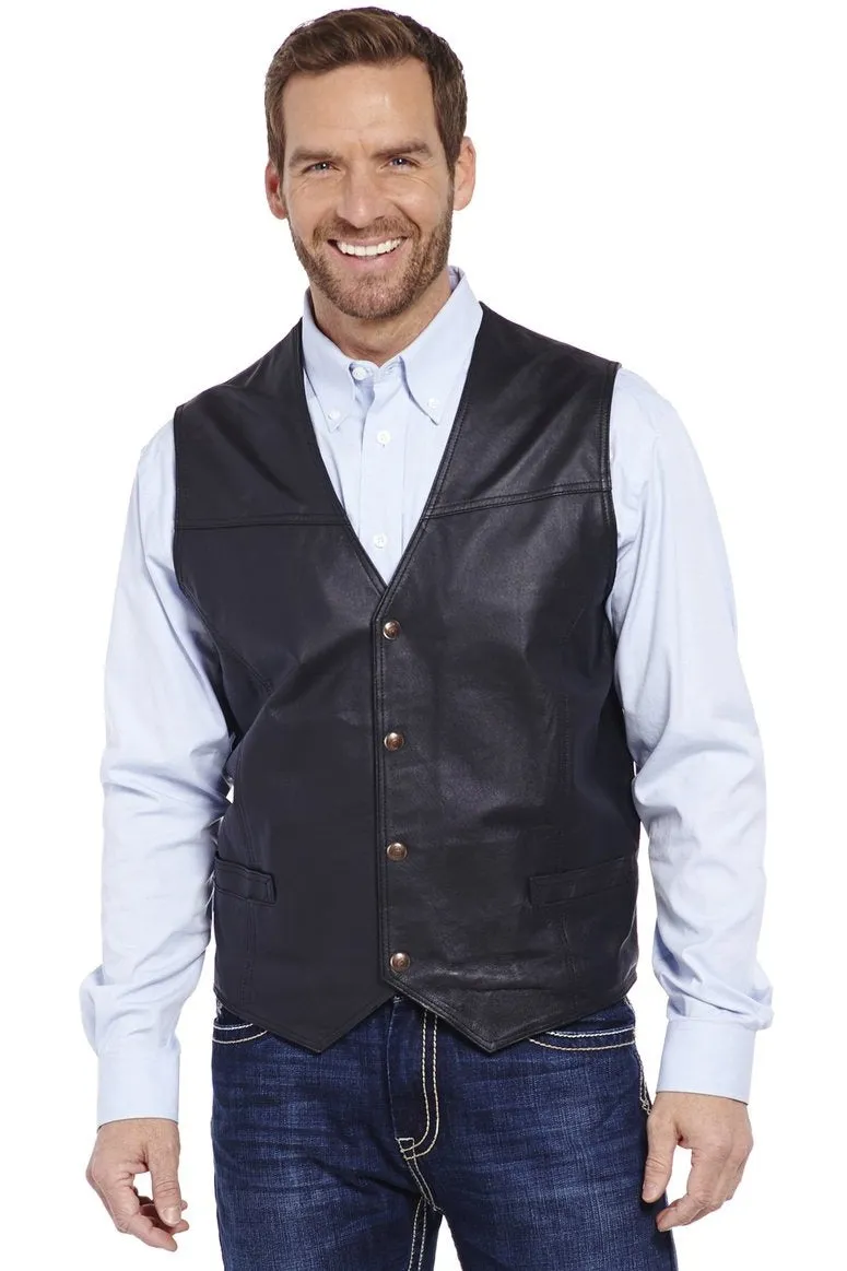 MEN'S SNAP FRONT LEATHER VEST in BLACK