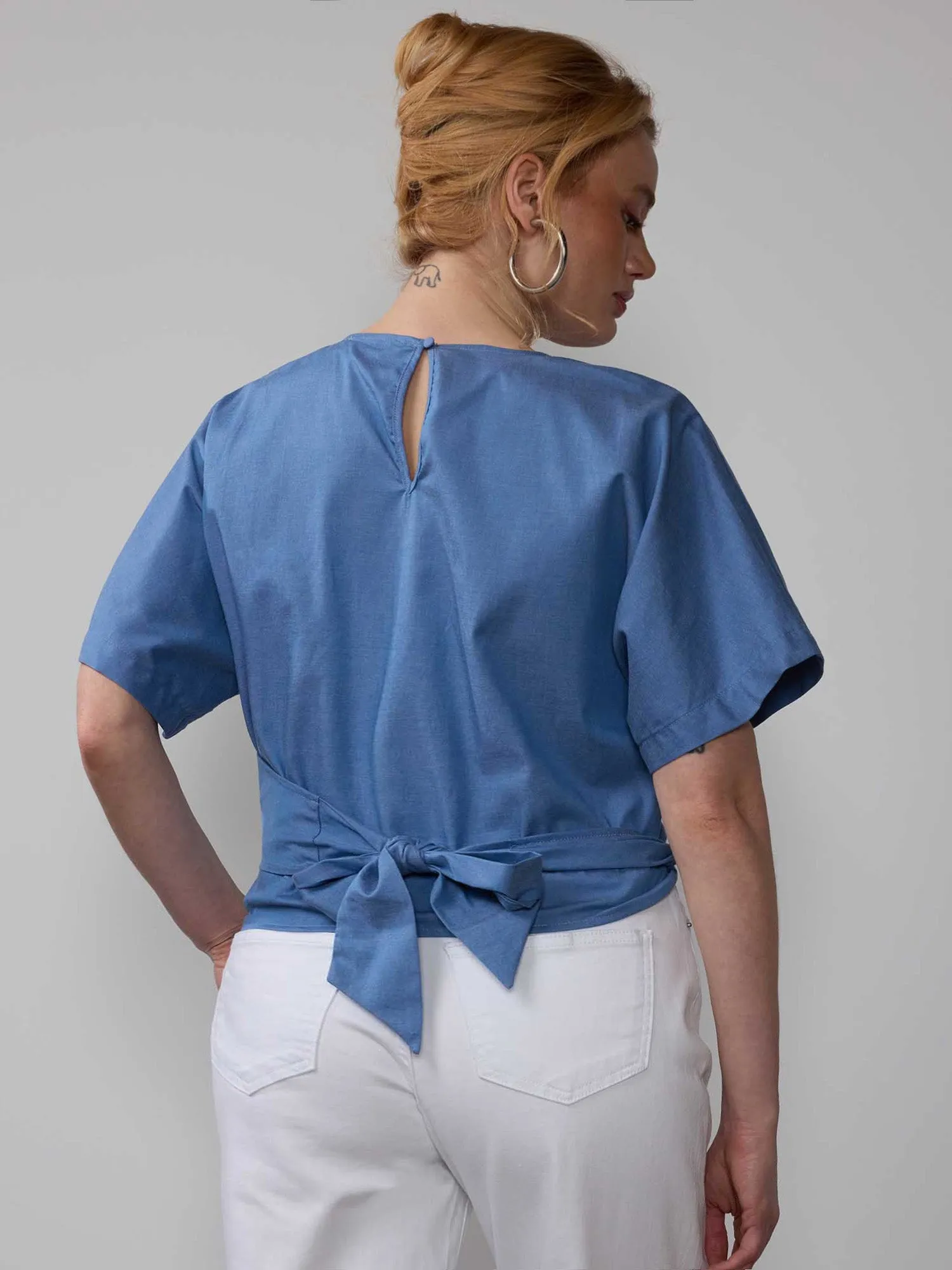 Plus Chambray Cross Front Tie Back Blouse