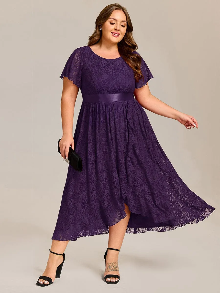 Plus Size Lace Short Sleeve Round Neckline Midi Formal Dress