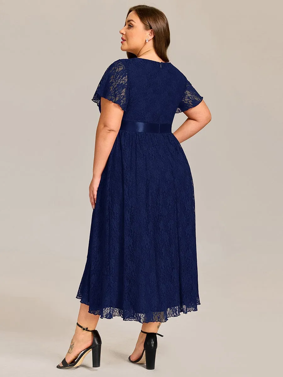 Plus Size Lace Short Sleeve Round Neckline Midi Formal Dress