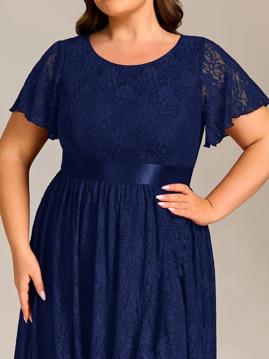 Plus Size Lace Short Sleeve Round Neckline Midi Formal Dress