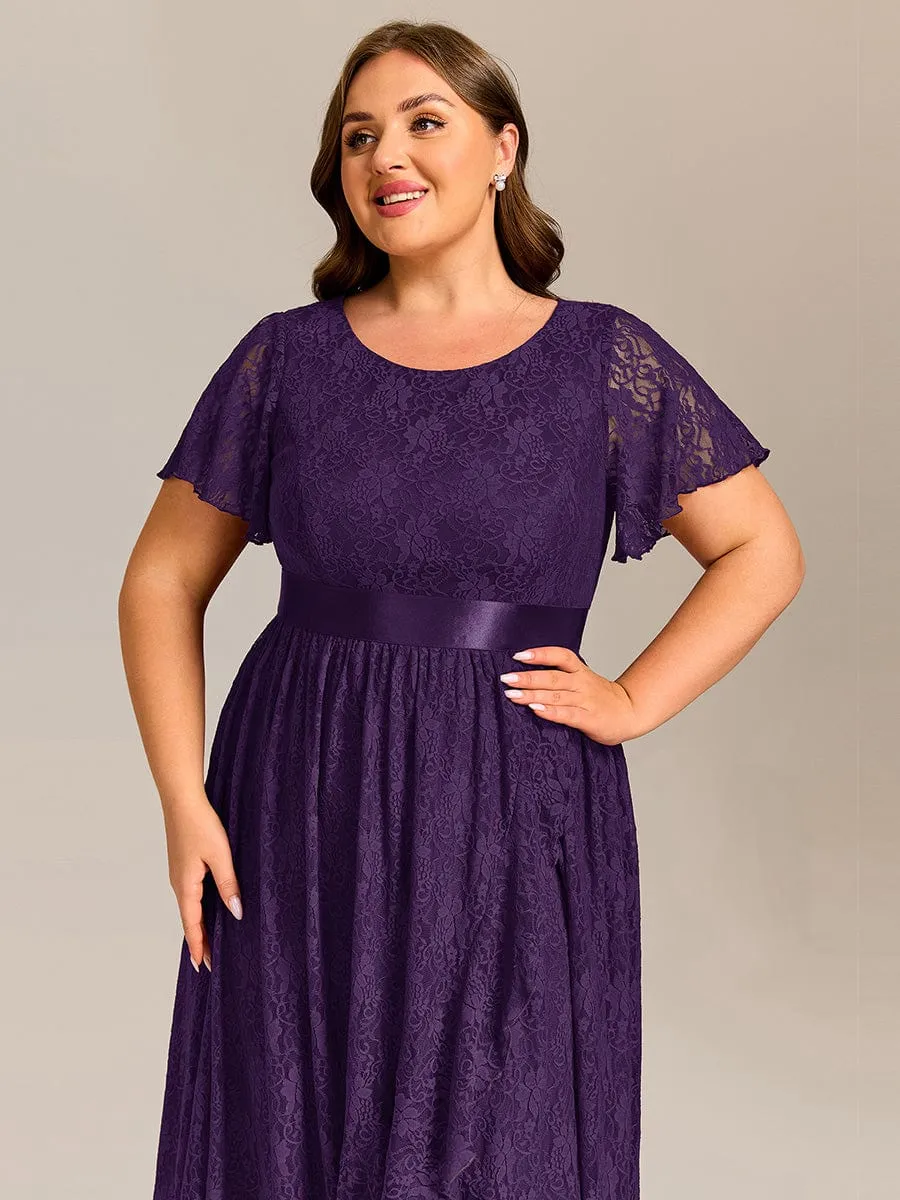 Plus Size Lace Short Sleeve Round Neckline Midi Formal Dress