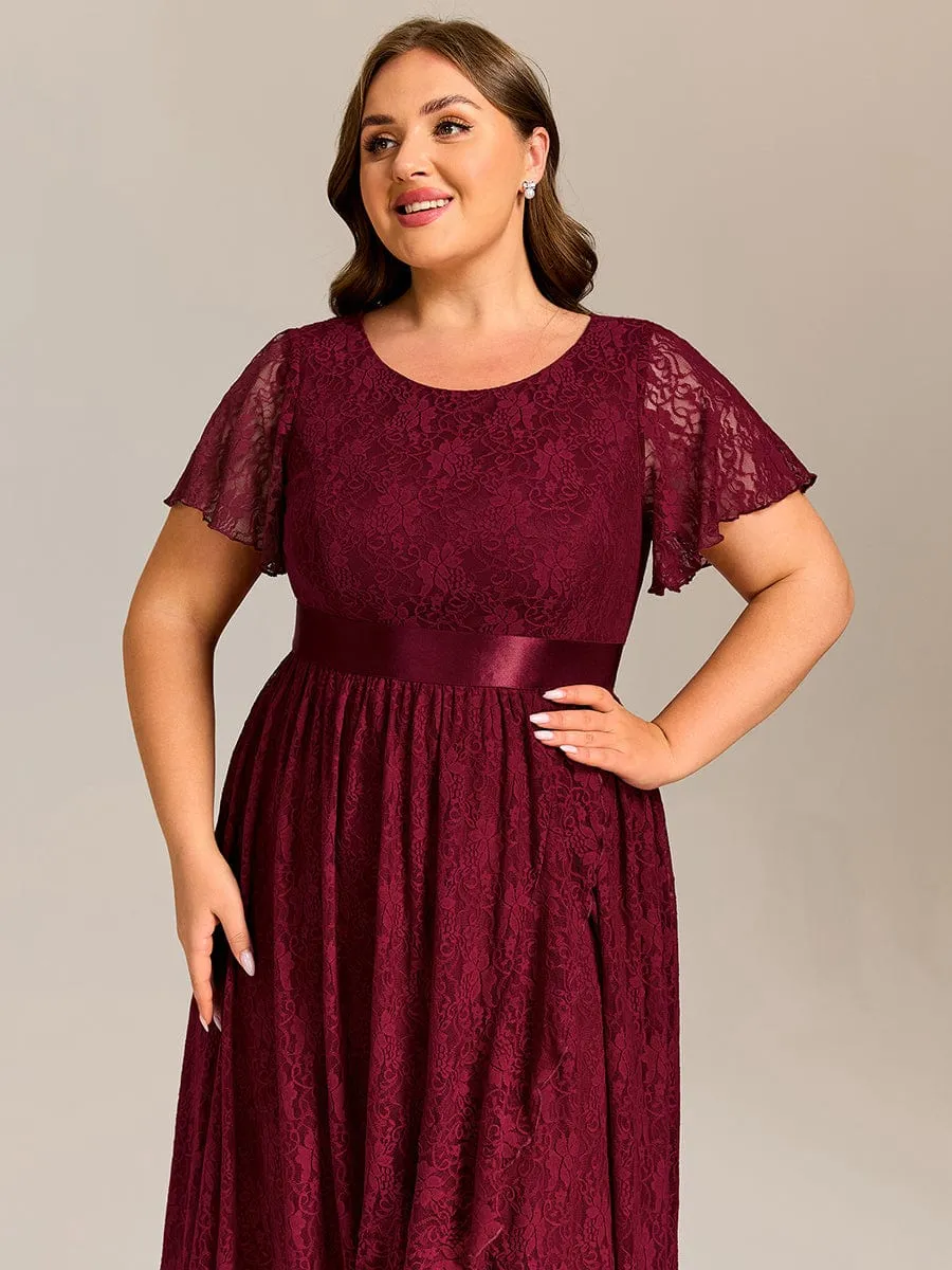 Plus Size Lace Short Sleeve Round Neckline Midi Formal Dress