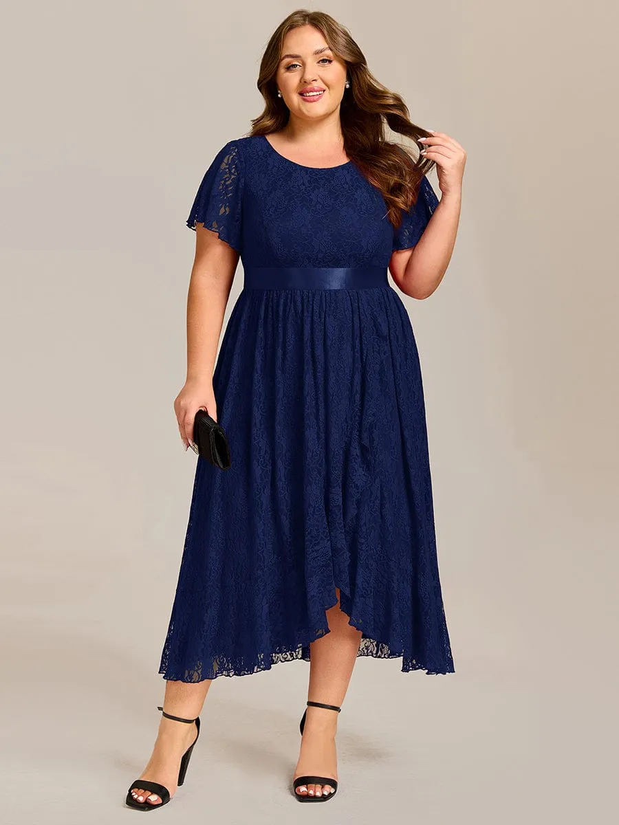 Plus Size Lace Short Sleeve Round Neckline Midi Formal Dress
