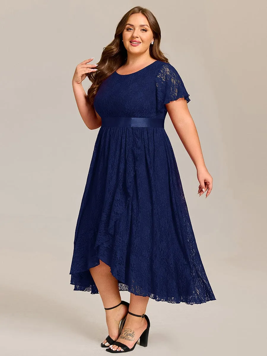Plus Size Lace Short Sleeve Round Neckline Midi Formal Dress