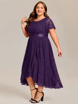 Plus Size Lace Short Sleeve Round Neckline Midi Formal Dress