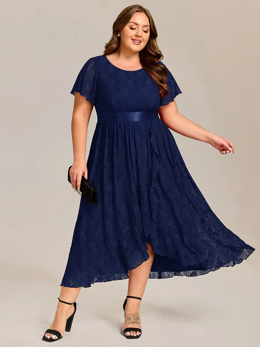 Plus Size Lace Short Sleeve Round Neckline Midi Formal Dress