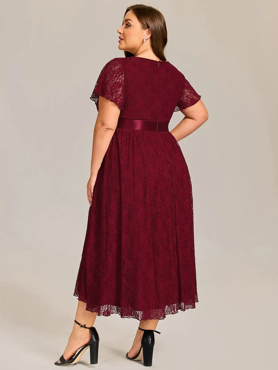 Plus Size Lace Short Sleeve Round Neckline Midi Formal Dress