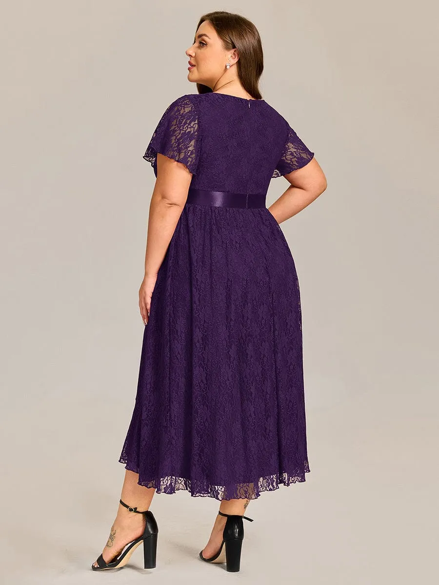 Plus Size Lace Short Sleeve Round Neckline Midi Formal Dress