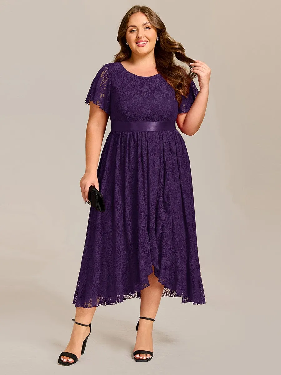 Plus Size Lace Short Sleeve Round Neckline Midi Formal Dress