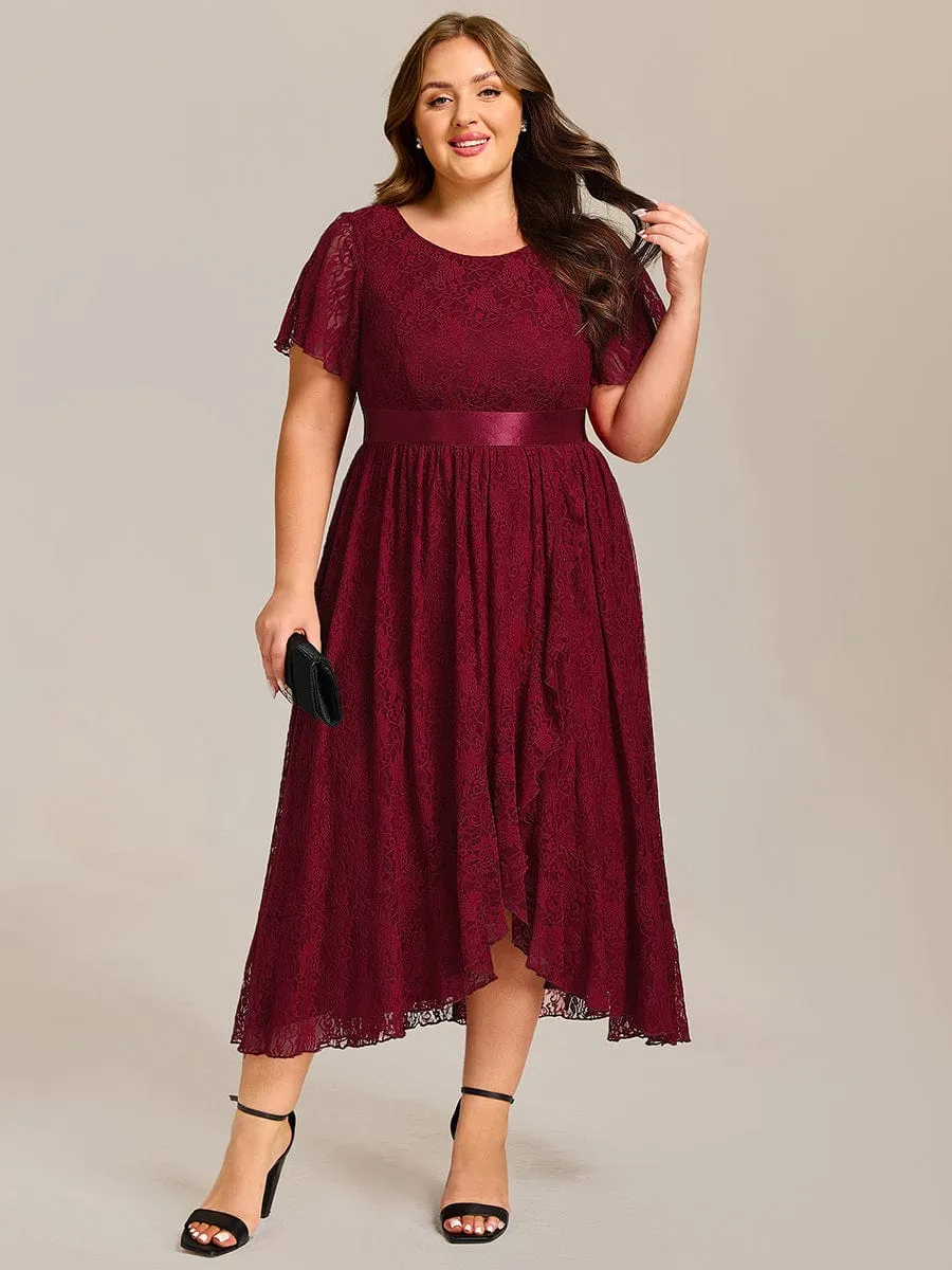Plus Size Lace Short Sleeve Round Neckline Midi Formal Dress
