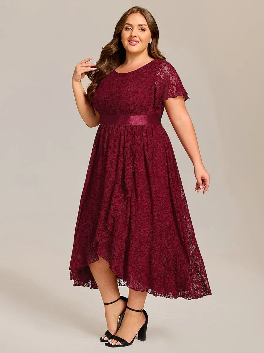 Plus Size Lace Short Sleeve Round Neckline Midi Formal Dress