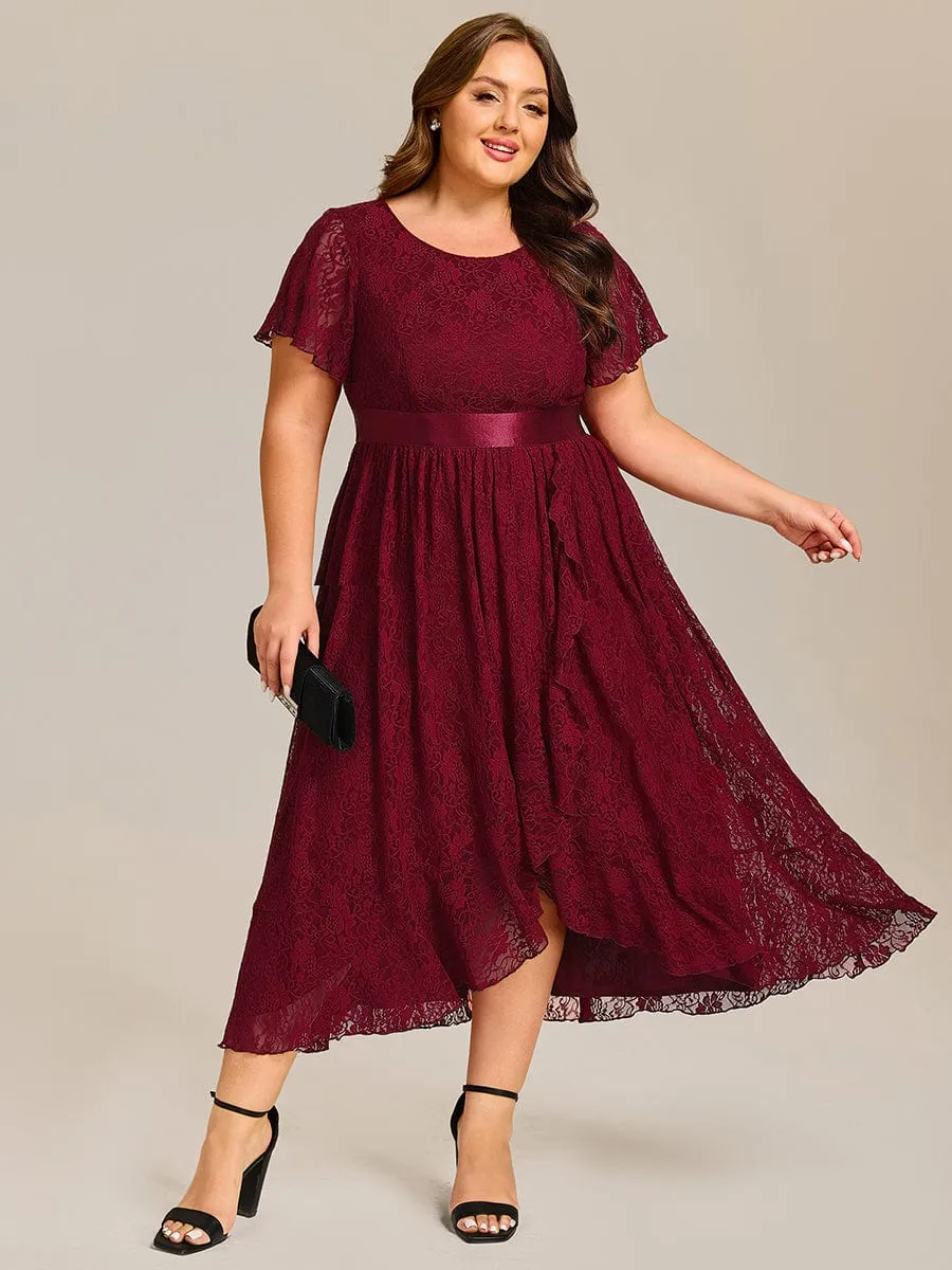 Plus Size Lace Short Sleeve Round Neckline Midi Formal Dress