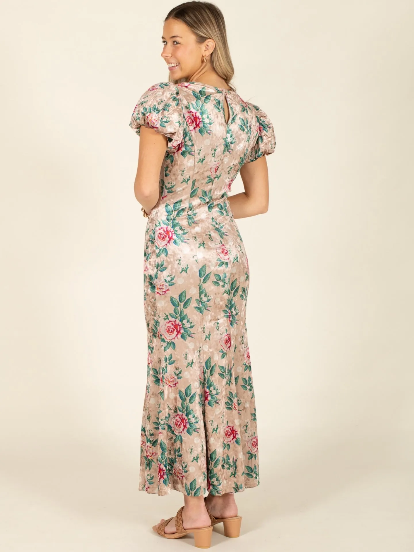 Puff Sleeve Floral Mermaid Midi Dress