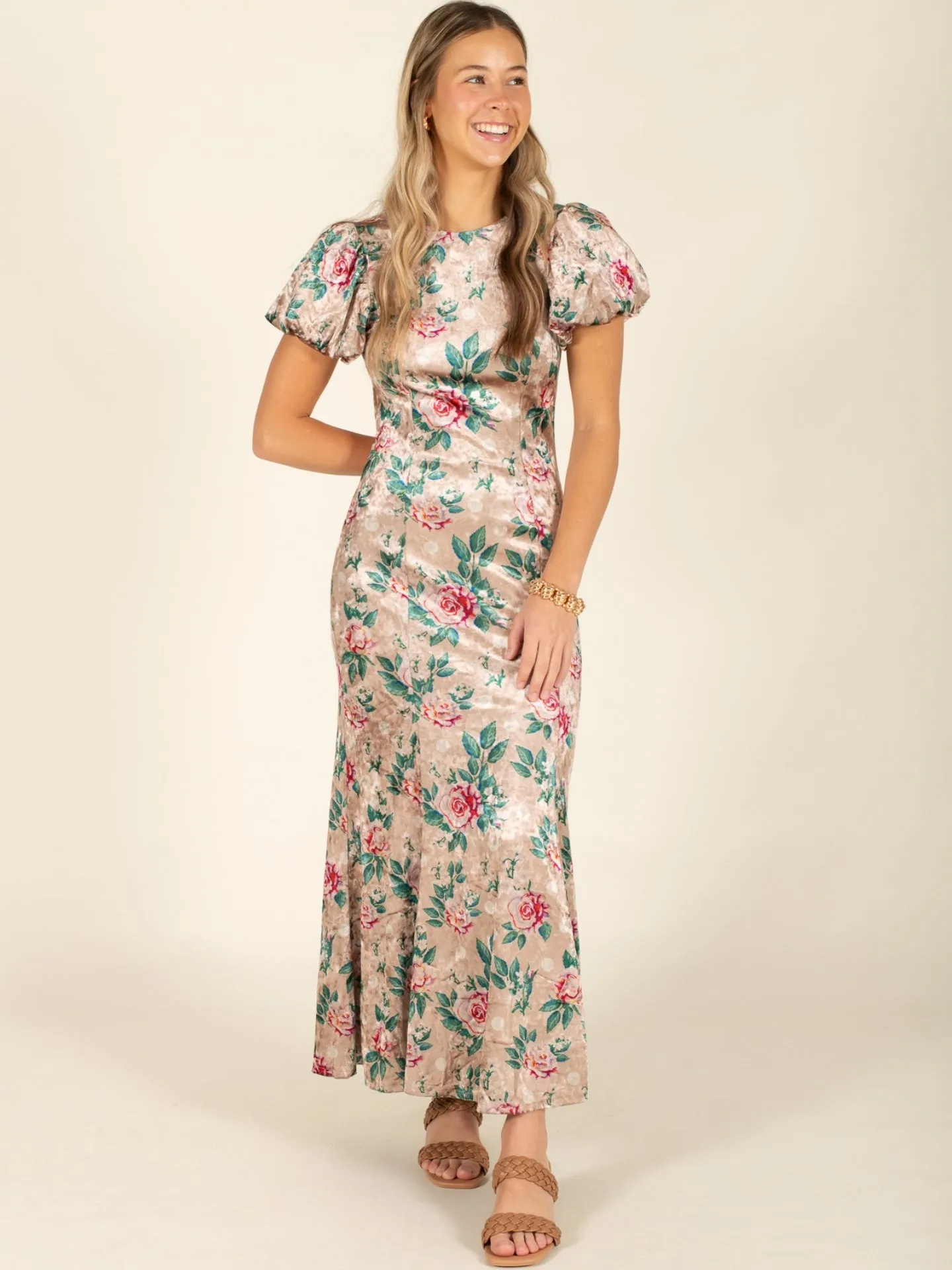 Puff Sleeve Floral Mermaid Midi Dress