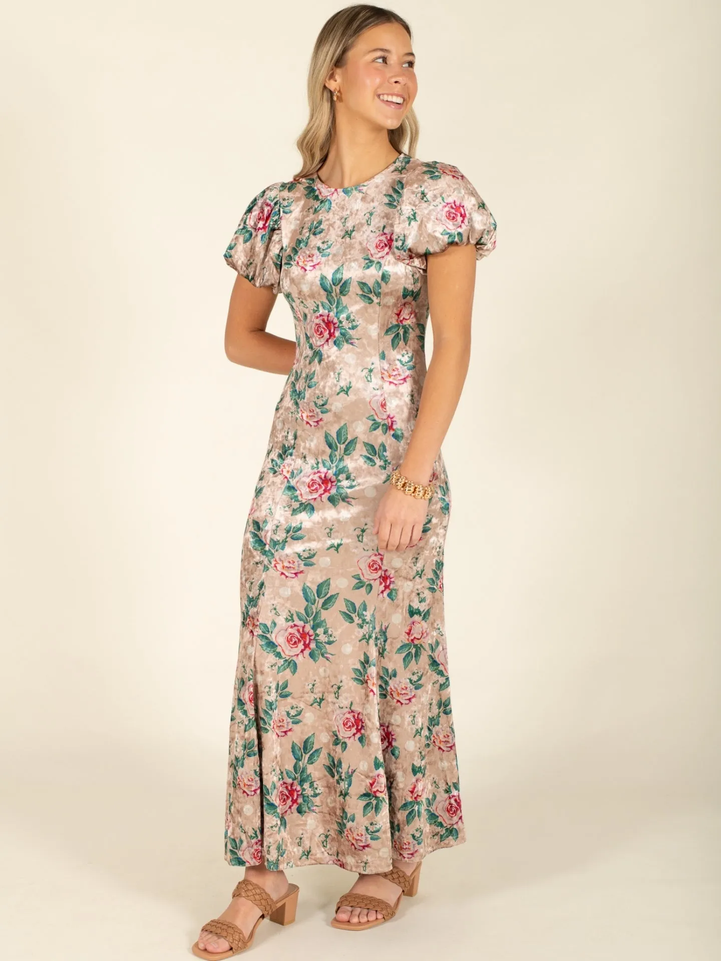 Puff Sleeve Floral Mermaid Midi Dress
