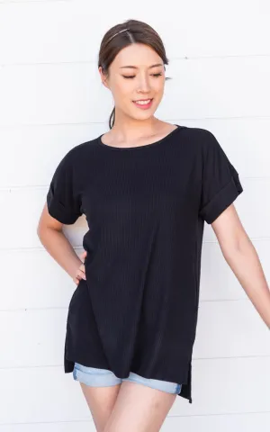 RIBBED ROUND NECK HI-LOW HEM TOP WITH SIDE SLITS - Final Sale