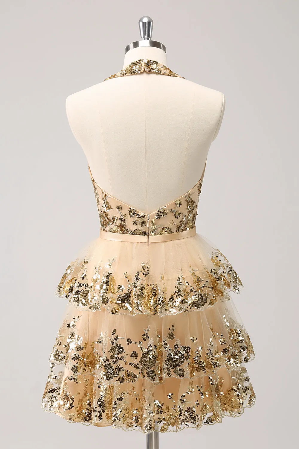 Sparkly Gold A Line Halter Tiered Sequined Backless Mini Dress