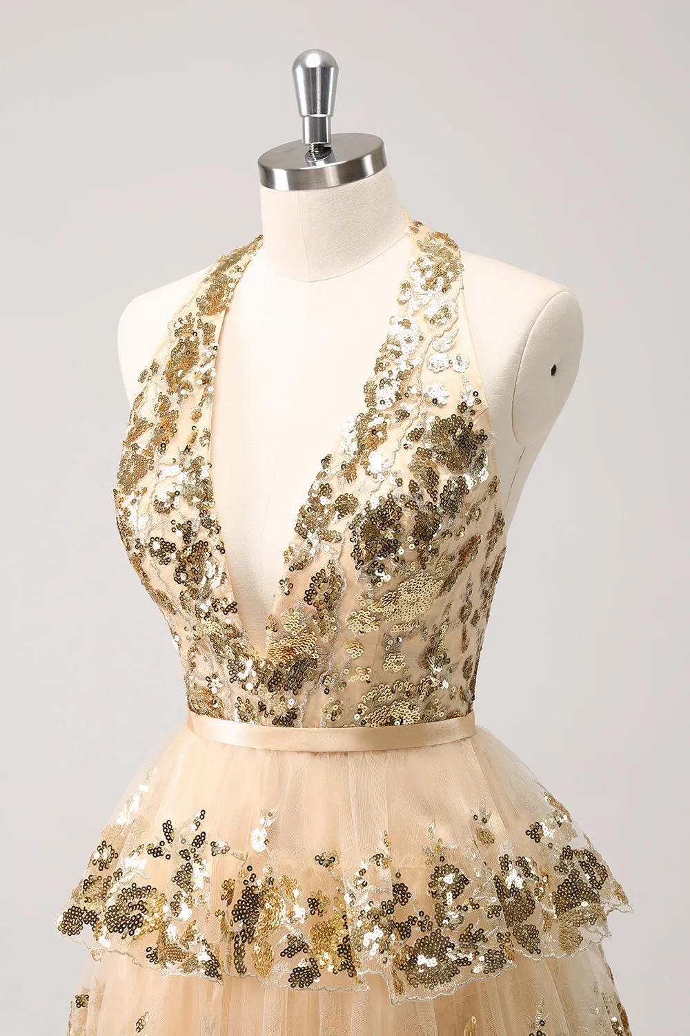 Sparkly Gold A Line Halter Tiered Sequined Backless Mini Dress