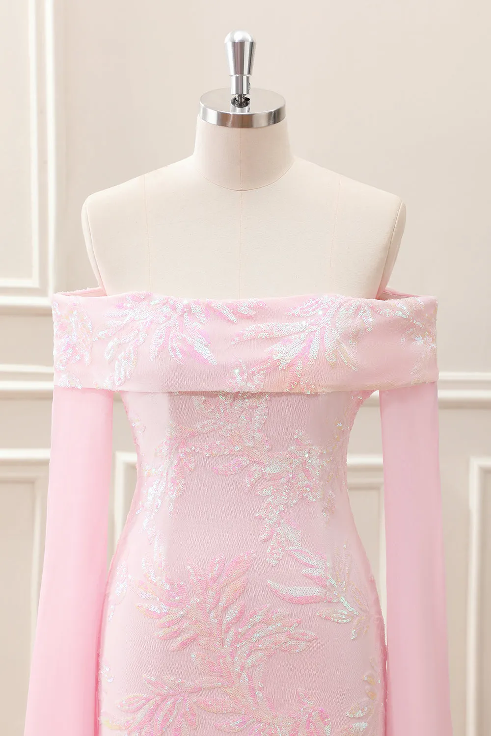 Sparkly Pink Off the Shoulder Sequined Tight Mini Dress with Long Sleeves