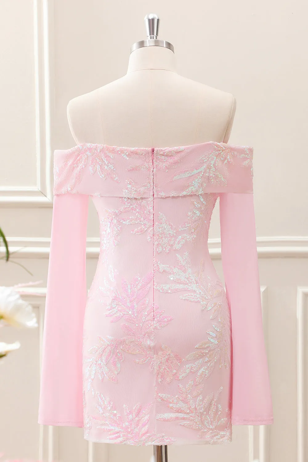 Sparkly Pink Off the Shoulder Sequined Tight Mini Dress with Long Sleeves