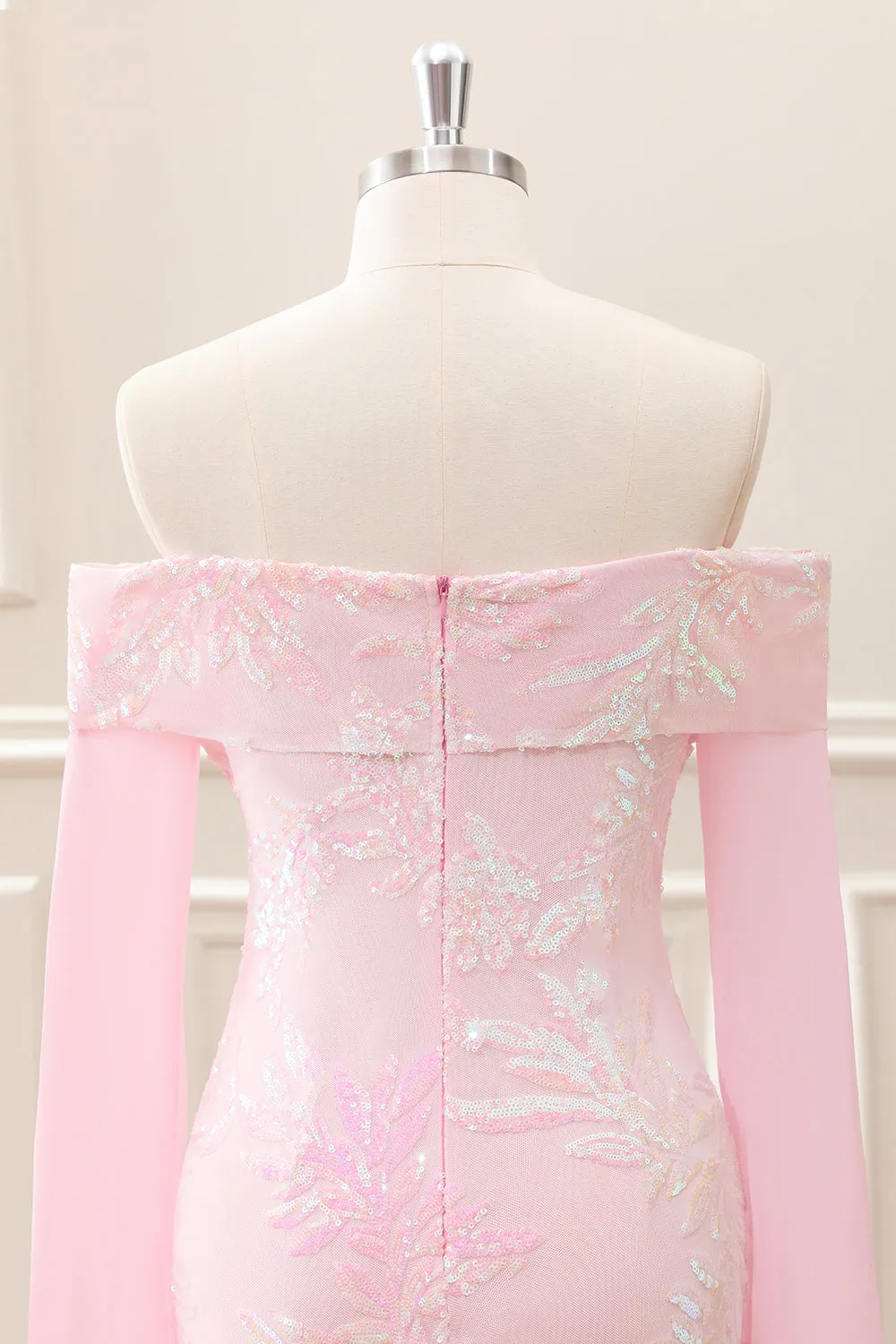 Sparkly Pink Off the Shoulder Sequined Tight Mini Dress with Long Sleeves