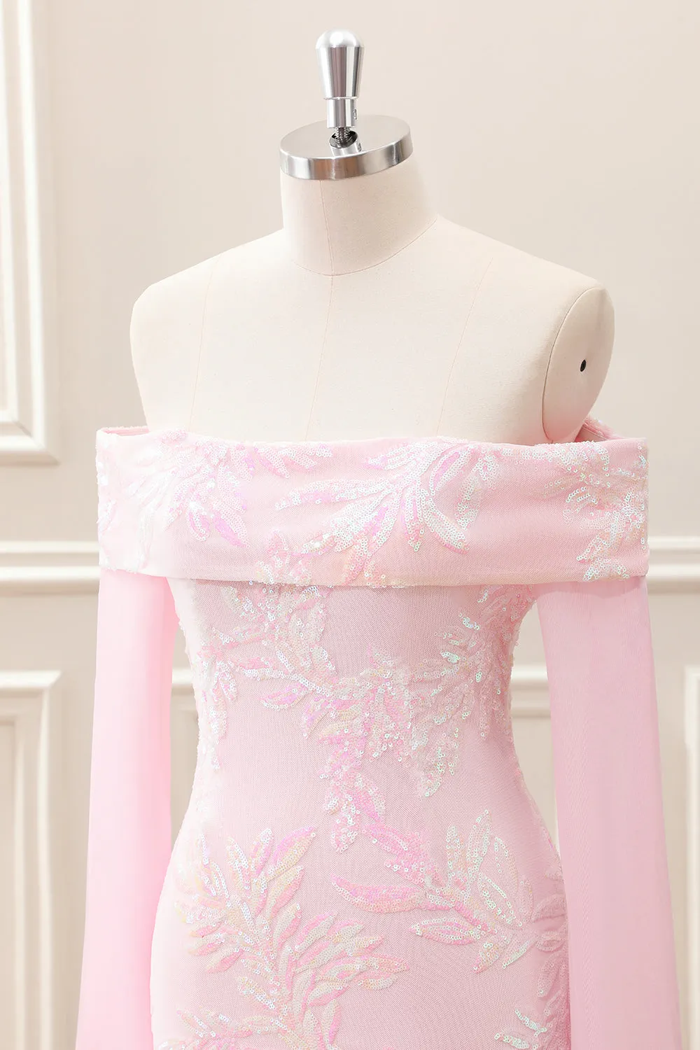 Sparkly Pink Off the Shoulder Sequined Tight Mini Dress with Long Sleeves