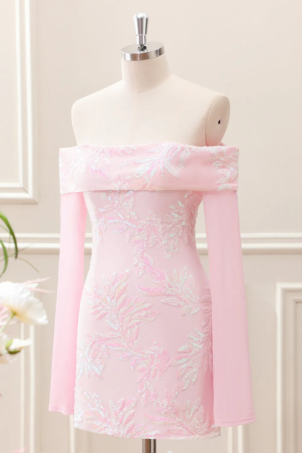 Sparkly Pink Off the Shoulder Sequined Tight Mini Dress with Long Sleeves