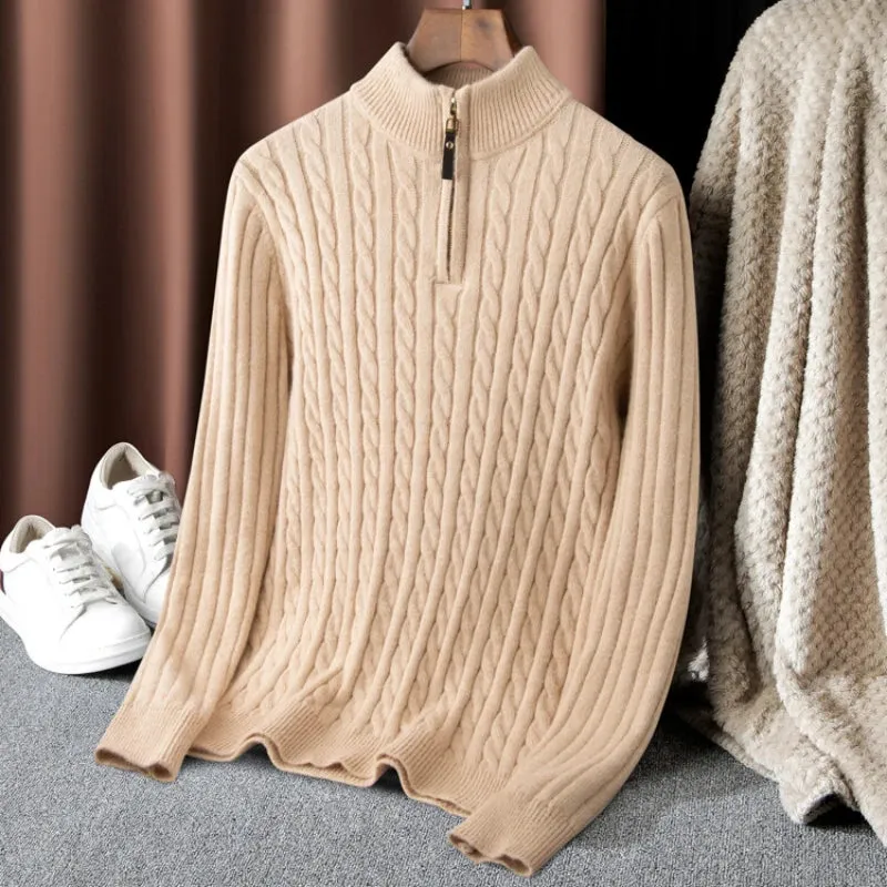 Toleet Y2K Street Style Boutique Men's Solid Color Turtleneck Top Autumn and Winter Thermal Zipper Pullover Sweater Stretch Sweater